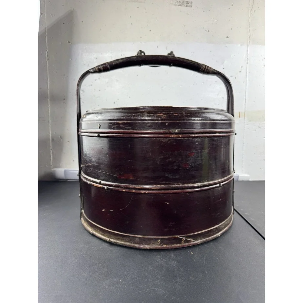 Vintage Chinese 2 Tiered Wedding Basket Handled‎ Woven Wicker & Bamboo
